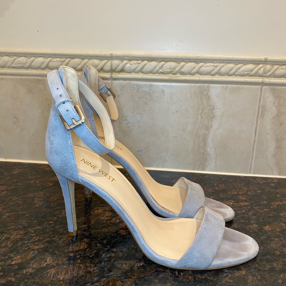 Nine West Grey/Blue Strappy Sandal Heels 4 inch worn once size 8 1/2